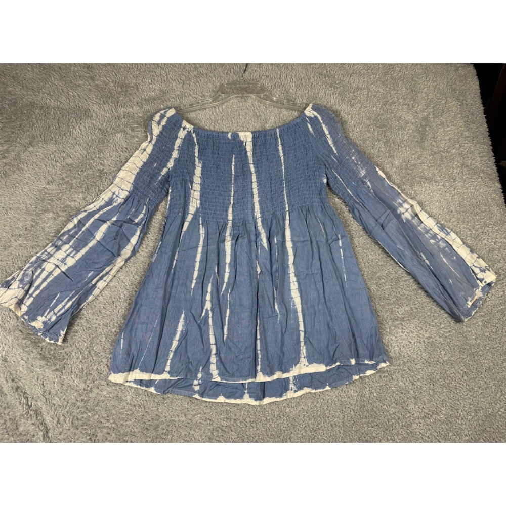Style Envy Tunic Top Womens M Blue Tie Dye peas Smocked Bell Sleeve peasant - Picture 8 of 10